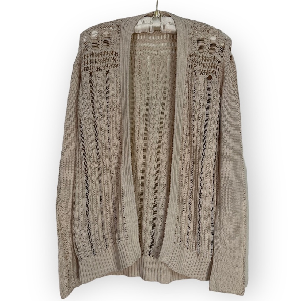 Gap Tan Cardigan Open Weave Knit Sweater Lightweight Coastal Boho Hippie Sz S